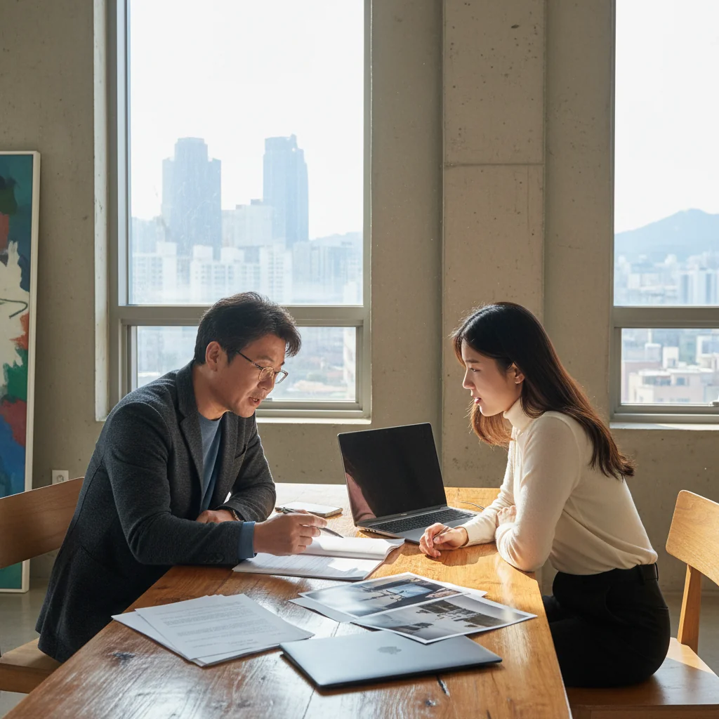 A professional photographer in a modern South Korean studio reviewing a photo licensing agreement with a client, symbolizing the purpose of photo license contracts in a business setting. The scene conveys trust, collaboration, and legal protection in the photography industry, with no children present.