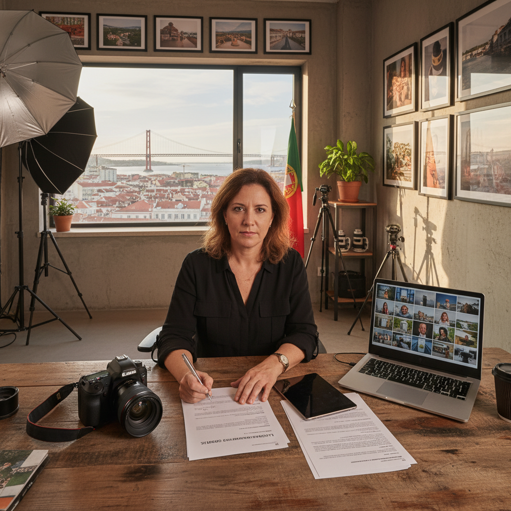 A photorealistic image of a professional photographer in a studio setting, carefully reviewing and signing a licensing agreement for image usage, with photographic equipment and sample photos in the background, symbolizing the purpose of image usage license documents in Portugal. The scene conveys trust, professionalism, and legal compliance without focusing on the document itself.