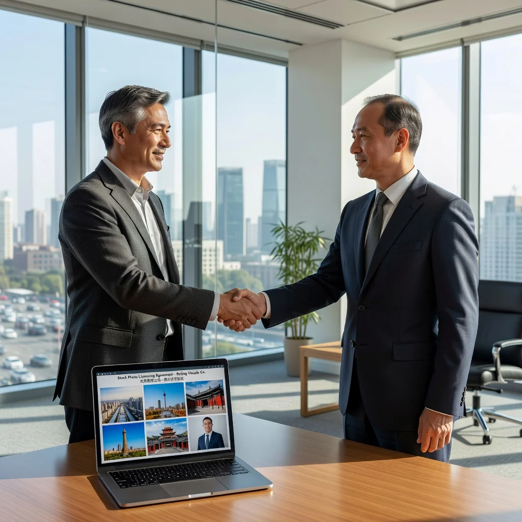 A professional scene in a modern Chinese office where a photographer and a client are shaking hands over a photo licensing agreement, symbolizing trust and legal permission for image use, with subtle Chinese cultural elements in the background.