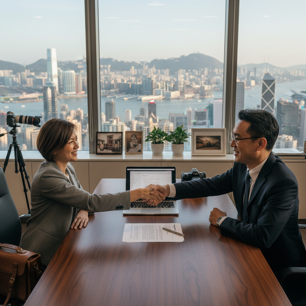 A professional scene in a Hong Kong office where a photographer is discussing and signing a photo licensing agreement with a business client, surrounded by modern office elements like computers and city skyline view, emphasizing collaboration and legal protection in photography.