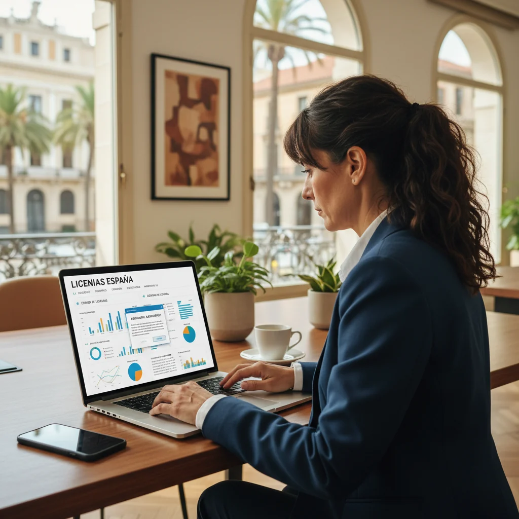 A photorealistic image of a professional Spanish businessperson in a modern office in Spain, sitting at a desk with a computer displaying software code, symbolizing software licensing agreements. The scene includes subtle Spanish elements like a flag or architecture in the background, conveying innovation and legal business in software.