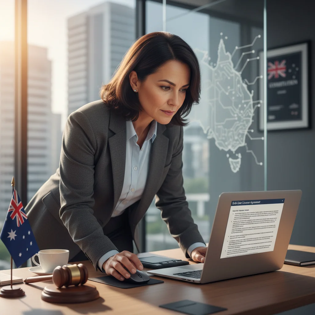 A photorealistic image of a professional adult sitting at a modern desk in an office, reviewing a software license agreement on a computer screen, with Australian flag elements in the background to represent the legal context, conveying a sense of rights and obligations in digital agreements.