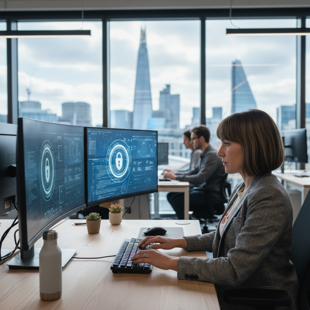 A photorealistic image of a professional software developer in a modern office setting, sitting at a desk with multiple computer screens displaying code and software applications, symbolizing the implementation and licensing of software under legal requirements, with a subtle nod to UK elements like a Union Jack flag in the background. The scene conveys compliance, innovation, and professionalism in the tech industry.
