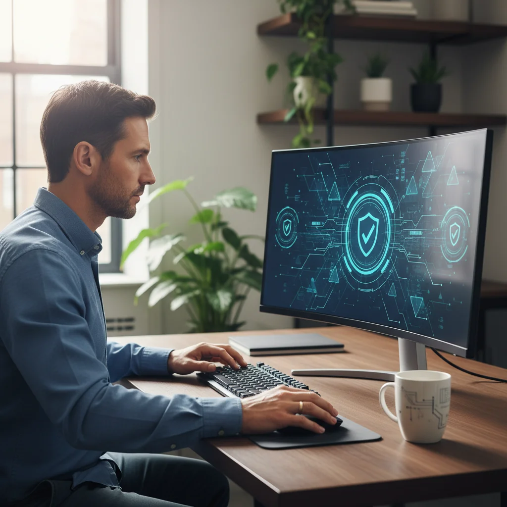 A photorealistic image of a professional software developer in a modern office, reviewing a software license agreement on a computer screen, with code and software icons subtly in the background, symbolizing legal obligations in software usage.