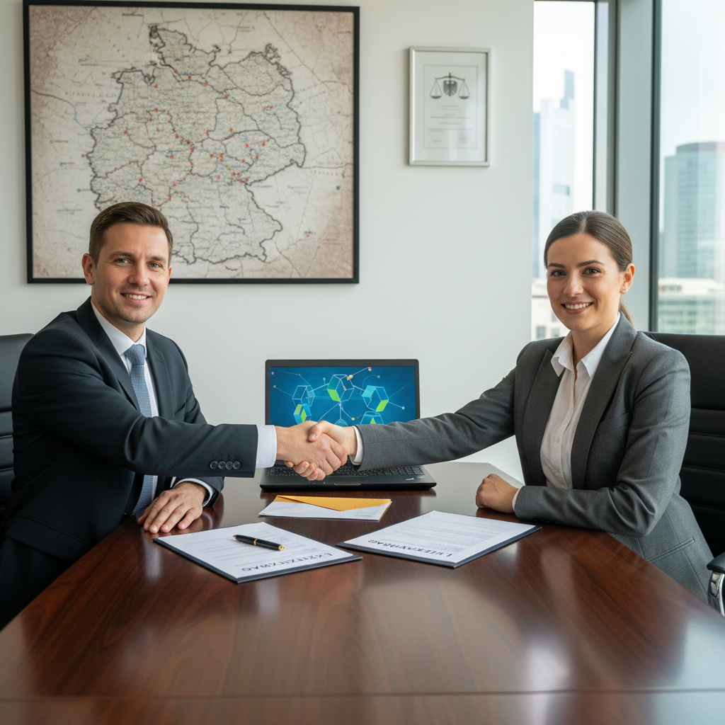 A photorealistic image of two professional adults, a man and a woman in business attire, shaking hands across a conference table in a modern German office, symbolizing the agreement and partnership in a licensing contract. The background includes subtle elements like a map of Germany and a laptop displaying abstract business icons, conveying trust and legal collaboration in the German business context. No children are present in the image.