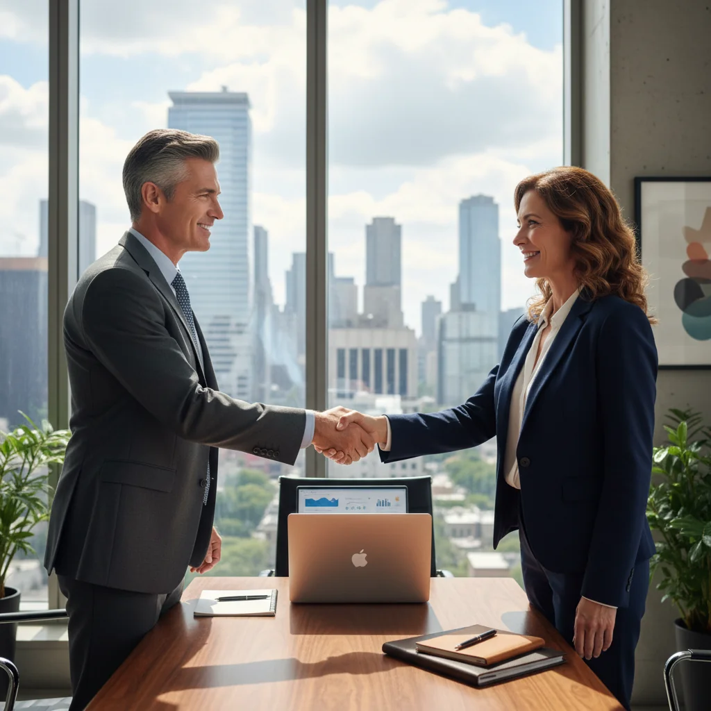 A photorealistic image of two professional adults in a modern office setting, shaking hands across a desk to symbolize the agreement and partnership in a licensing contract, with subtle business elements like a laptop and coffee mug in the background, conveying trust and collaboration without showing any legal documents.