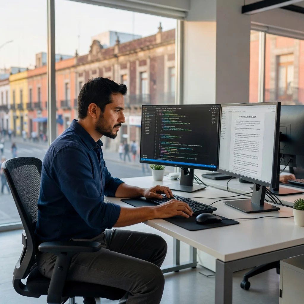 A photorealistic image of a professional Mexican software developer in a modern office in Mexico City, sitting at a desk with a computer screen displaying software code, reviewing a digital license agreement on another monitor, symbolizing rights and obligations in software licensing contracts, with subtle Mexican cultural elements like a flag or cityscape in the background.