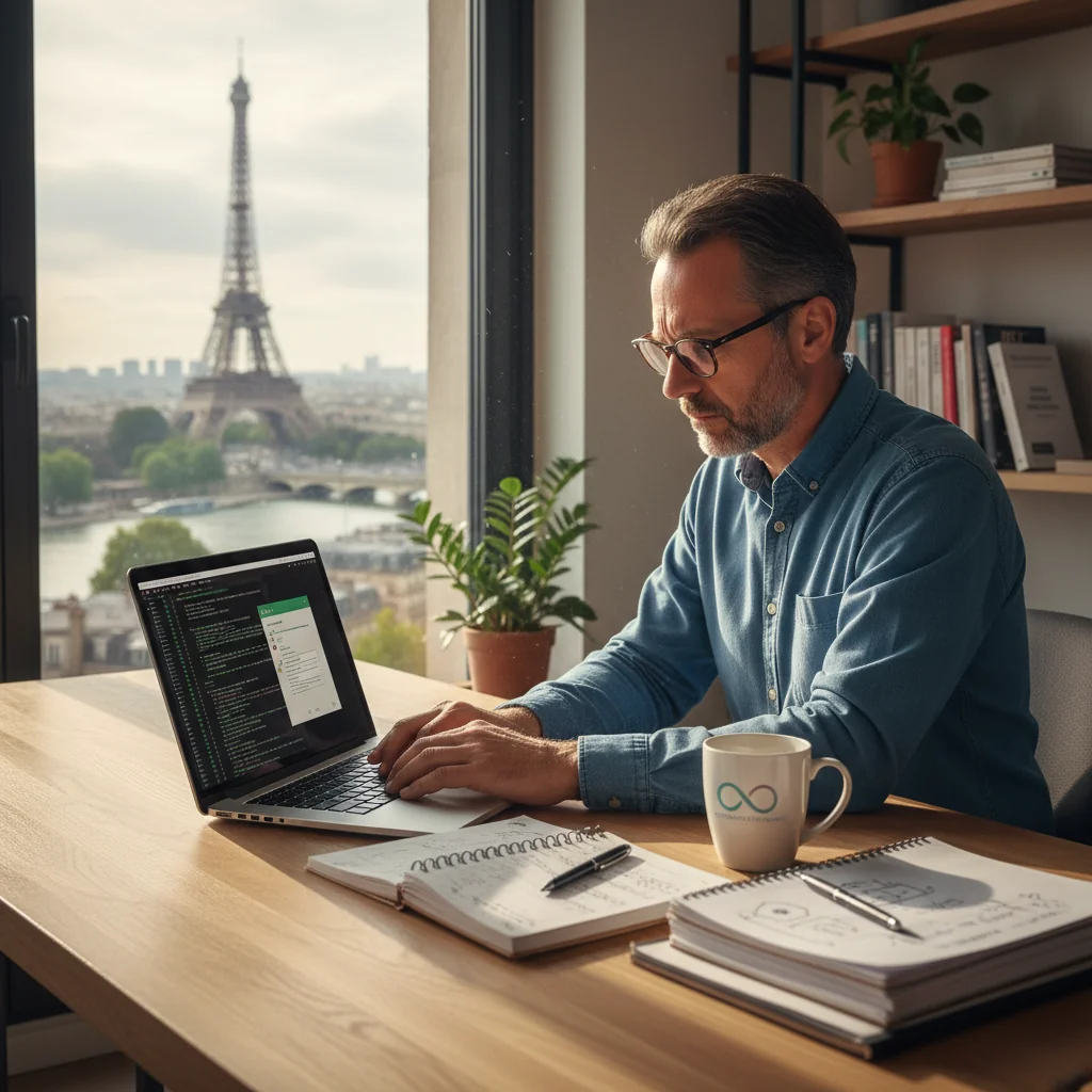 A photorealistic image of a professional adult software developer working at a modern desk in an office, reviewing and typing on a laptop screen displaying code and software interface, symbolizing the creation and licensing of software under French law, with a subtle French flag or Eiffel Tower in the background window for context, no legal documents visible, no children present.