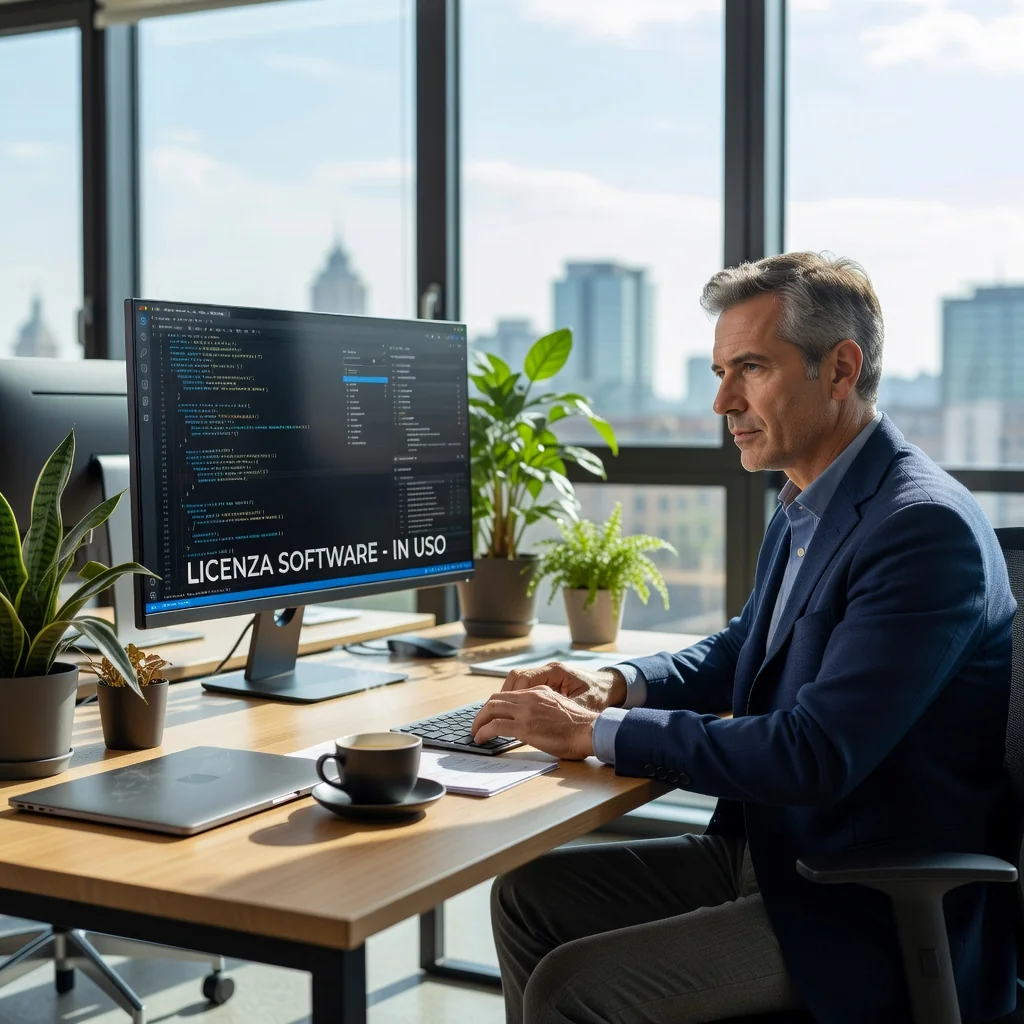A photorealistic image of a professional adult software developer in a modern Italian office, sitting at a desk with a computer screen displaying code, symbolizing the licensing and use of software in a business context.