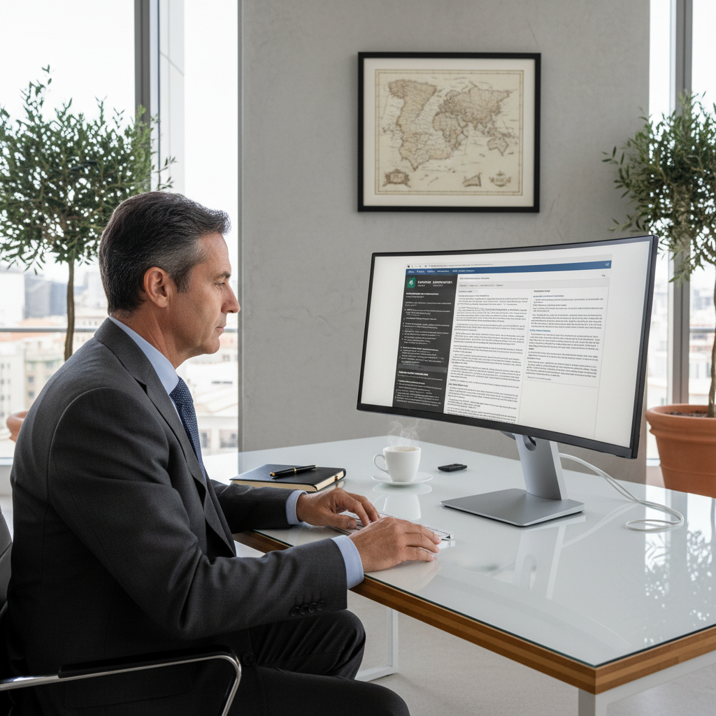 A photorealistic image of a professional adult in a modern office setting, examining a computer screen displaying software license agreement details, symbolizing rights and obligations in software licensing in Spain, with Spanish flag elements subtly in the background, no children present.