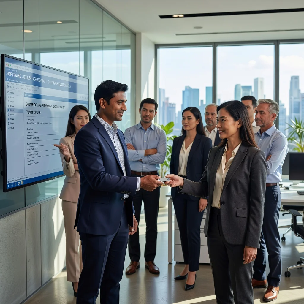 A photorealistic image of a professional software developer in a modern Singapore office, shaking hands with a business partner over a laptop displaying code, symbolizing a software licensing agreement. The scene conveys collaboration, technology, and business trust in a vibrant urban setting with subtle Singapore skyline elements in the background. No children are present.