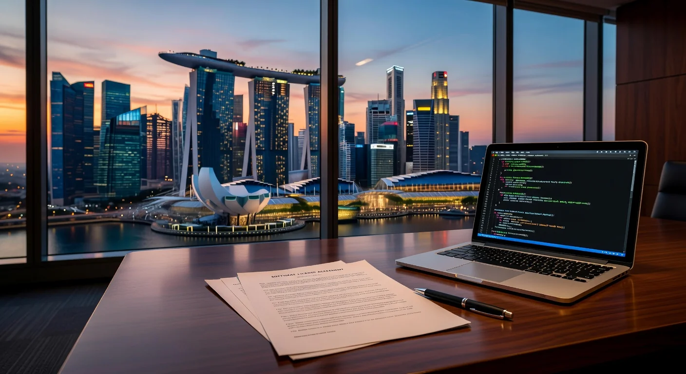 Singapore skyline with legal documents