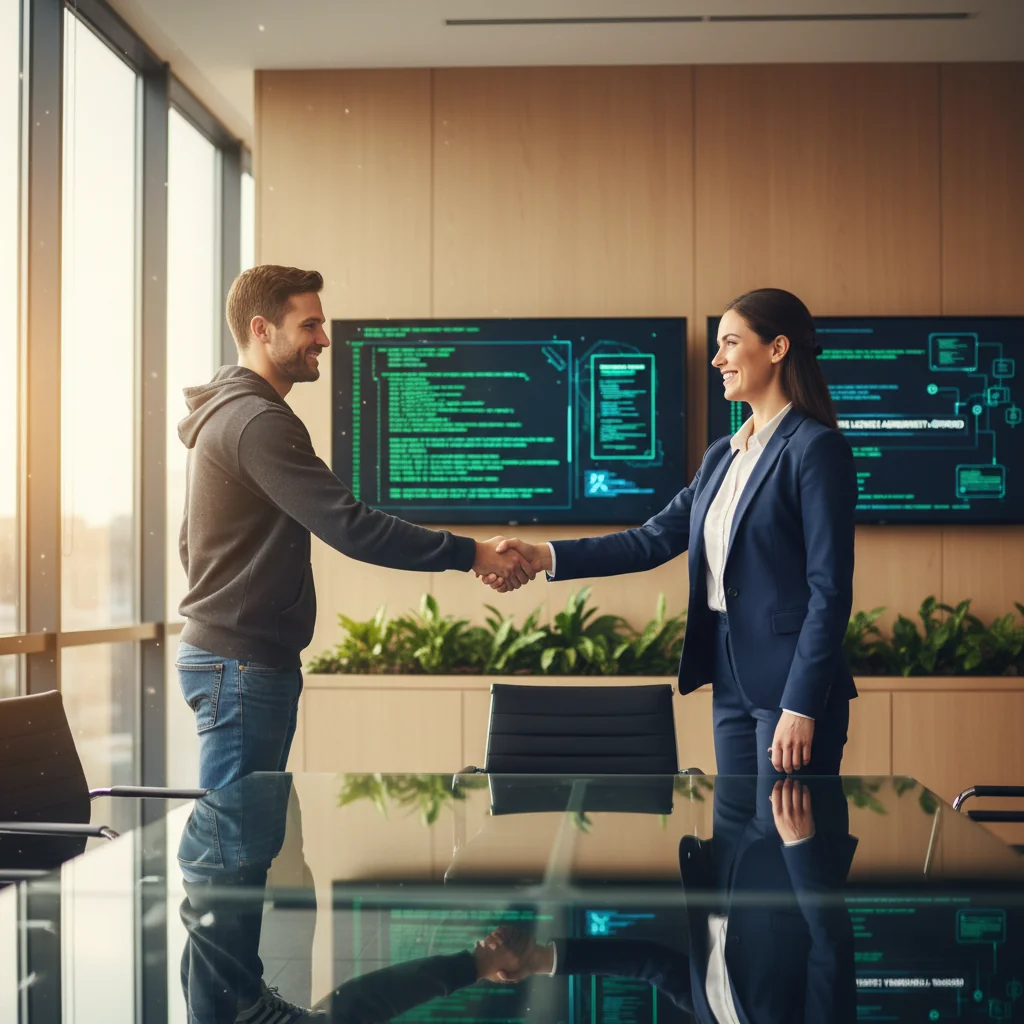 A photorealistic image of two professional adults, a software developer and a business executive, shaking hands in a modern office setting with computer screens displaying software code in the background, symbolizing a software licensing agreement.