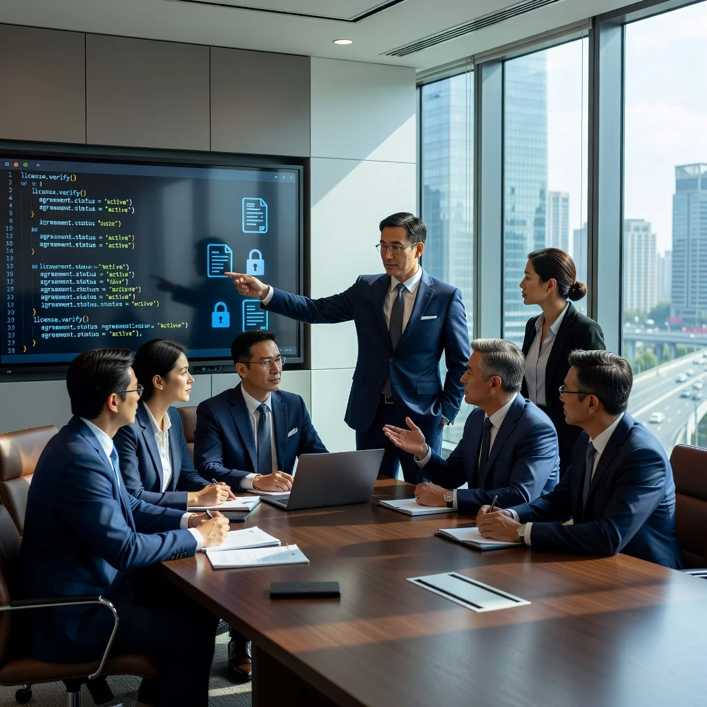 A professional scene representing the legal foundation and key terms of software license agreements in China, showing a diverse group of adult business professionals in a modern Chinese office environment, discussing digital software interfaces on large screens, with subtle elements like a Chinese flag or Shanghai skyline in the background, evoking trust, innovation, and legal compliance in the tech industry. No children are present.