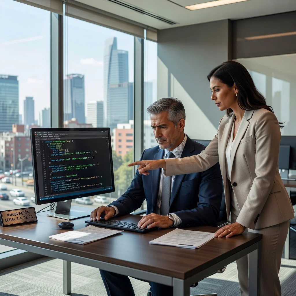 A photorealistic image of a professional Mexican businessperson in a modern office setting in Mexico City, reviewing software code on a laptop while collaborating with a colleague, symbolizing software licensing and technology agreements in a professional context.