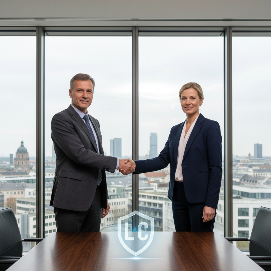 A photorealistic image of two professional adults in a modern office setting, shaking hands over a conference table with subtle elements like a contract outline in the background, symbolizing the agreement and licensing aspects of a legal contract under German law. The focus is on collaboration and business partnership, evoking trust and formality without showing any legal documents directly.