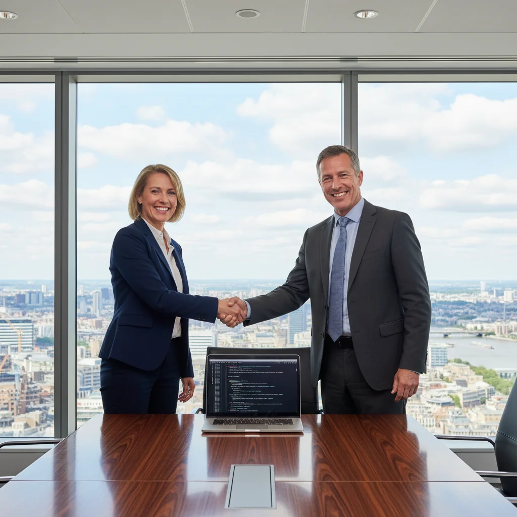 A photorealistic image of two adult professionals in a modern office setting, shaking hands over a laptop displaying software code, symbolizing a successful software license agreement in the UK business context. The scene conveys trust, collaboration, and professionalism, with no legal documents visible.