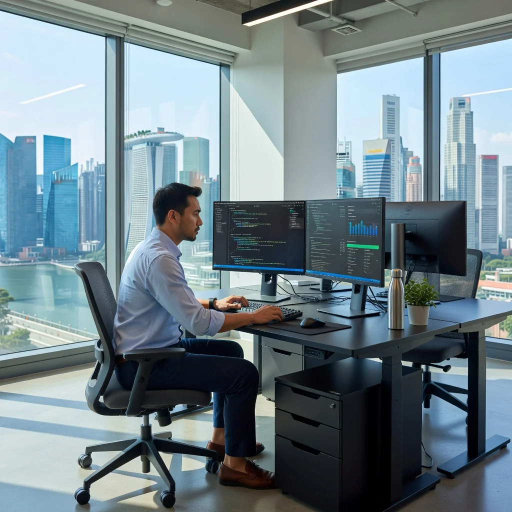 A photorealistic image of a professional software developer in a modern Singapore office, sitting at a desk with multiple computer screens displaying code and software interfaces, symbolizing the agreement and licensing of software in a business context. The scene captures the essence of software usage and compliance without showing any legal documents.