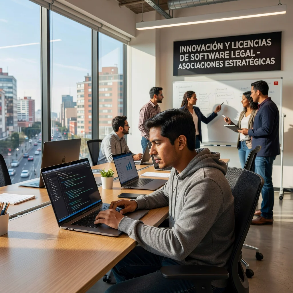 A photorealistic image of a professional Mexican software developer in a modern office in Mexico City, sitting at a desk with a computer screen displaying software code, symbolizing the licensing and use of software in a business context. The scene includes elements like the Mexican flag subtly in the background, diverse adult professionals collaborating, emphasizing legal agreements in software distribution without showing any legal documents.