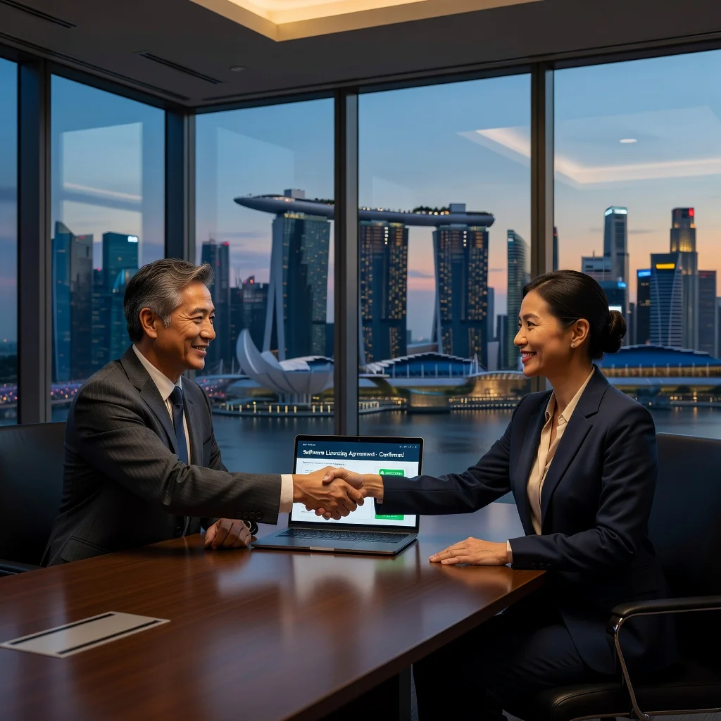 A photorealistic image of two professional adults in a modern Singapore office, shaking hands over a laptop displaying a software interface, symbolizing a successful software license agreement without any pitfalls, with the Singapore skyline visible through large windows in the background.