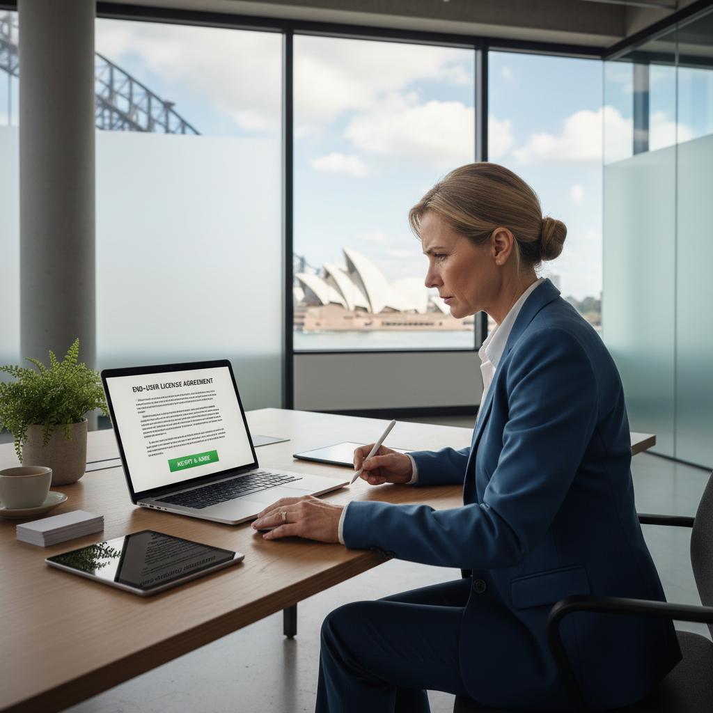 A photorealistic image of a professional adult user in a modern Australian office setting, carefully reviewing a digital end-user license agreement on a computer screen, symbolizing informed consent and digital rights in software usage, with Australian landmarks subtly in the background like the Sydney Opera House through a window, no children present.