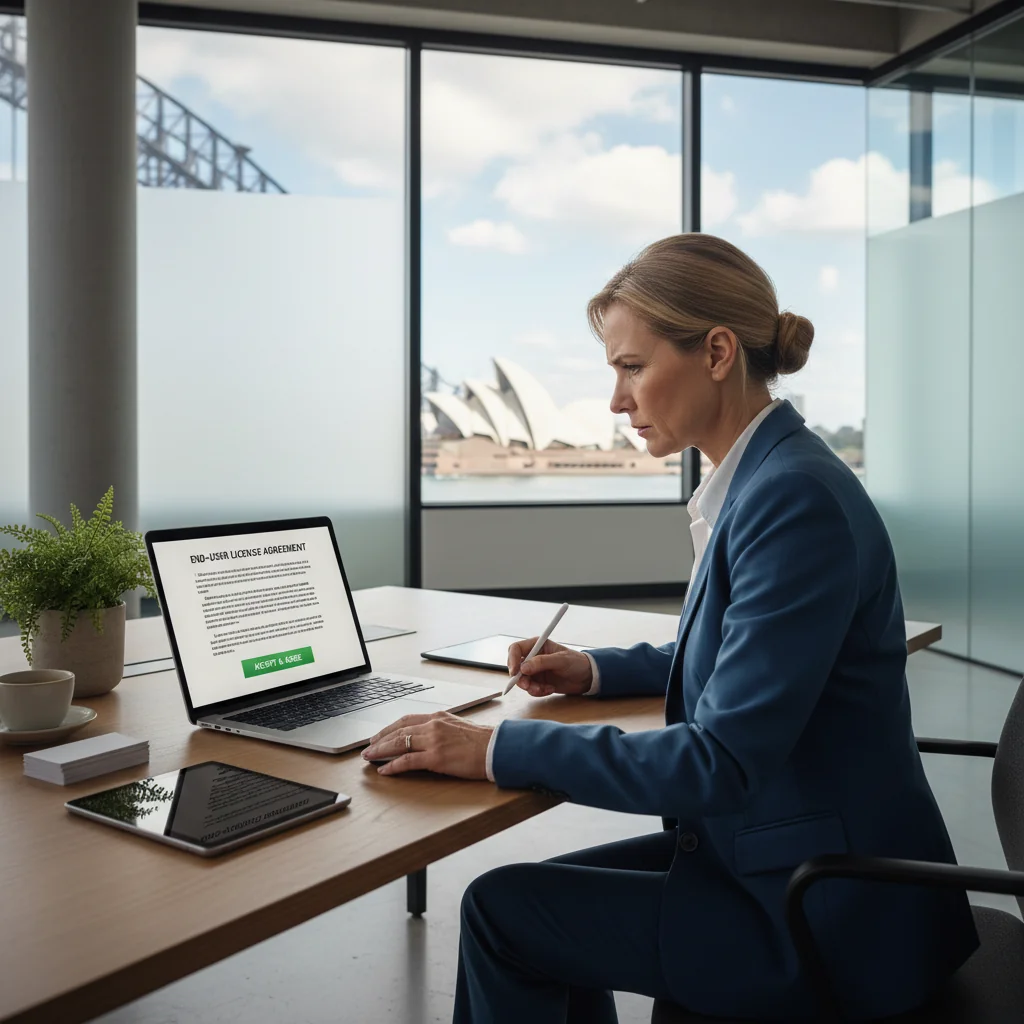 A photorealistic image of a professional adult user in a modern Australian office setting, carefully reviewing a digital end-user license agreement on a computer screen, symbolizing informed consent and digital rights in software usage, with Australian landmarks subtly in the background like the Sydney Opera House through a window, no children present.