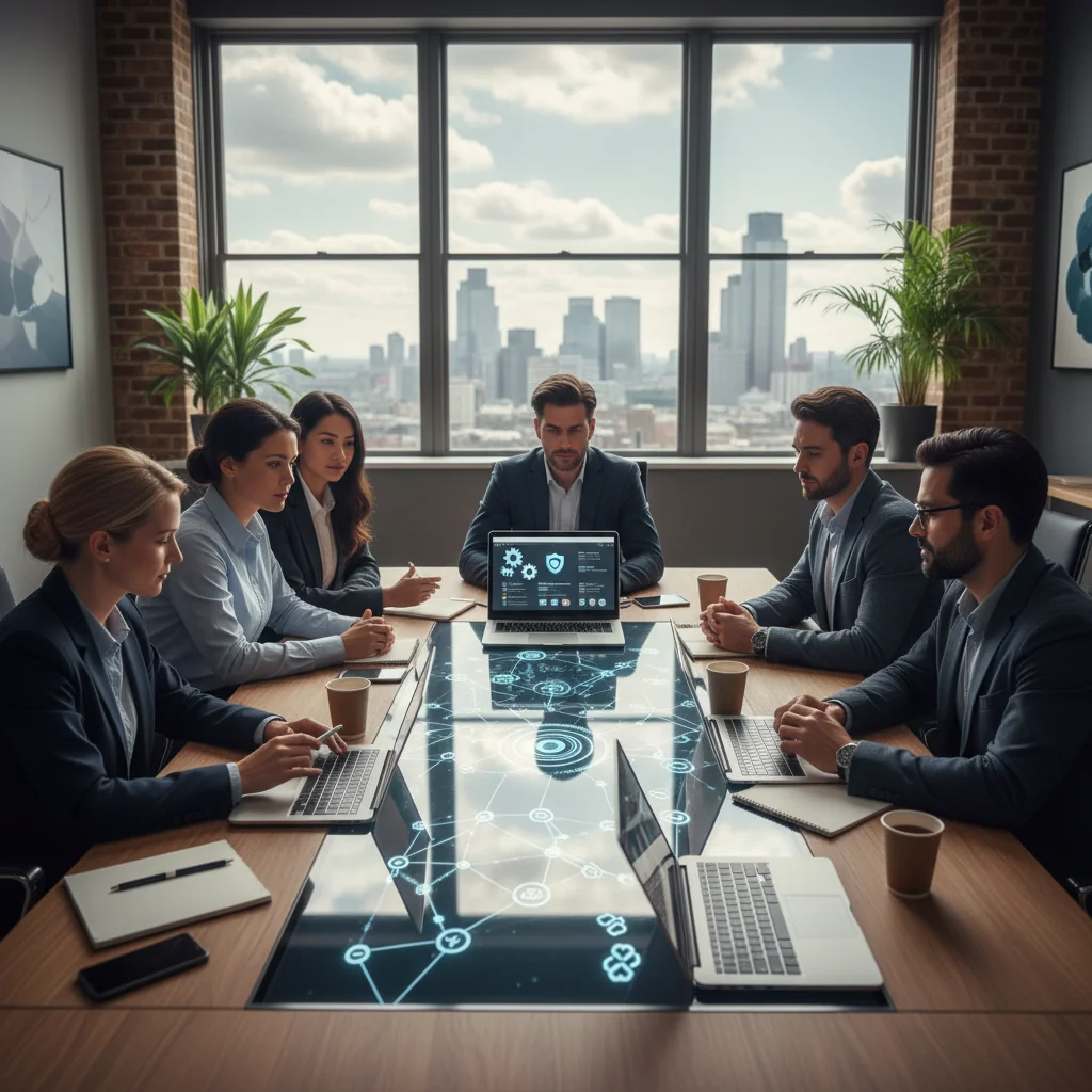 A professional scene representing software licensing agreements in the UK, featuring a diverse group of adult business professionals in a modern office environment, discussing terms on a laptop screen displaying software icons and agreement symbols, emphasizing collaboration and compliance without showing any legal documents directly.
