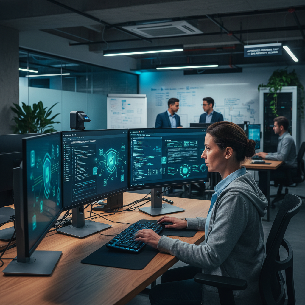 A photorealistic image of a professional software developer in a modern office environment, sitting at a desk with multiple computer screens displaying code and software applications, symbolizing the protection and licensing of software through a license agreement. The scene conveys innovation, security, and business professionalism, with no children present.