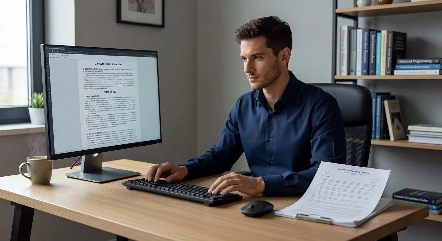 Adult reviewing software terms on screen