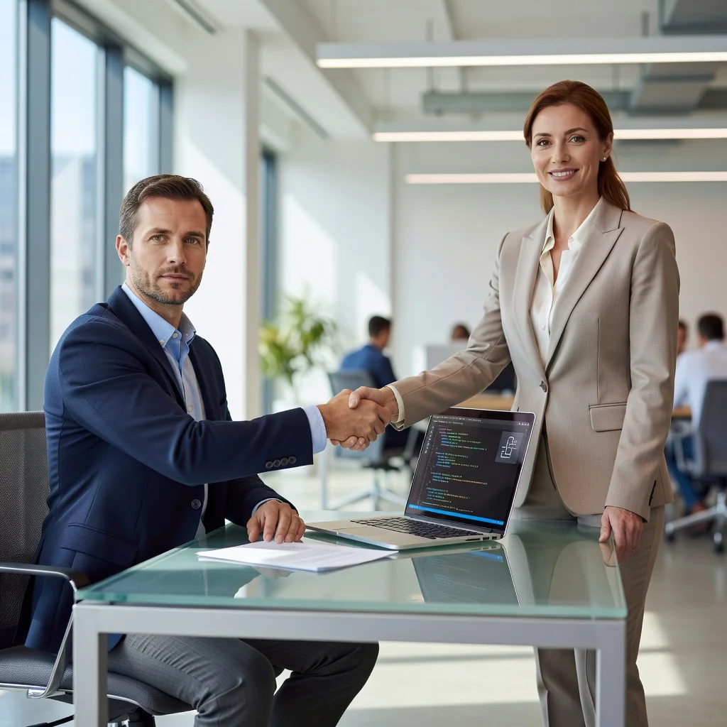 A photorealistic image of a professional software developer in a modern office, sitting at a desk with a computer screen displaying code, shaking hands with a business partner across the table, symbolizing the agreement and licensing of software in a business context. The atmosphere is collaborative and professional, with no children present.