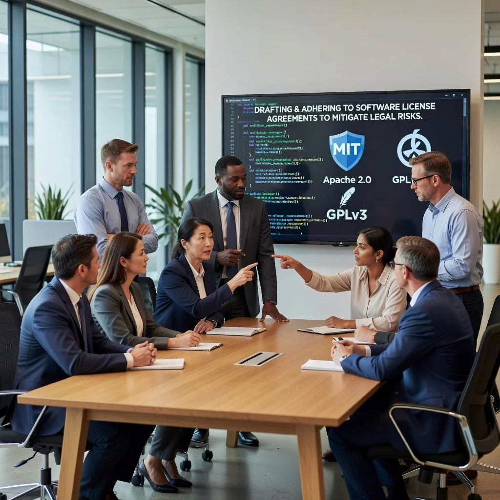 A photorealistic image of a professional business team in a modern office, collaboratively reviewing a software interface on a large computer screen, symbolizing safe and compliant software usage to avoid legal risks, with adults only, no children present.
