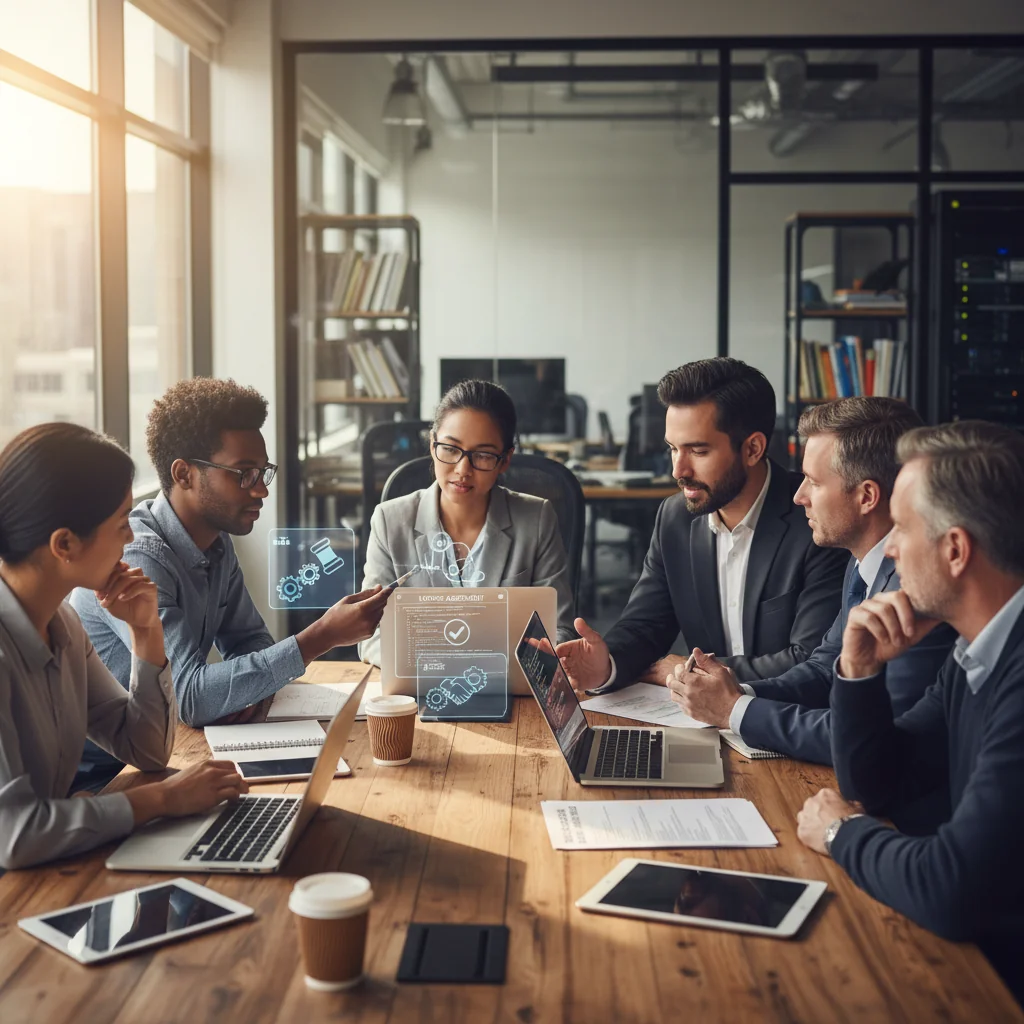A professional scene in a modern office environment in the United States, depicting a diverse group of adult software developers collaborating around a conference table, discussing terms on a laptop screen that subtly hints at software agreements, with American flags or corporate buildings in the background to evoke trust and legal compliance in the tech industry. No children are present.