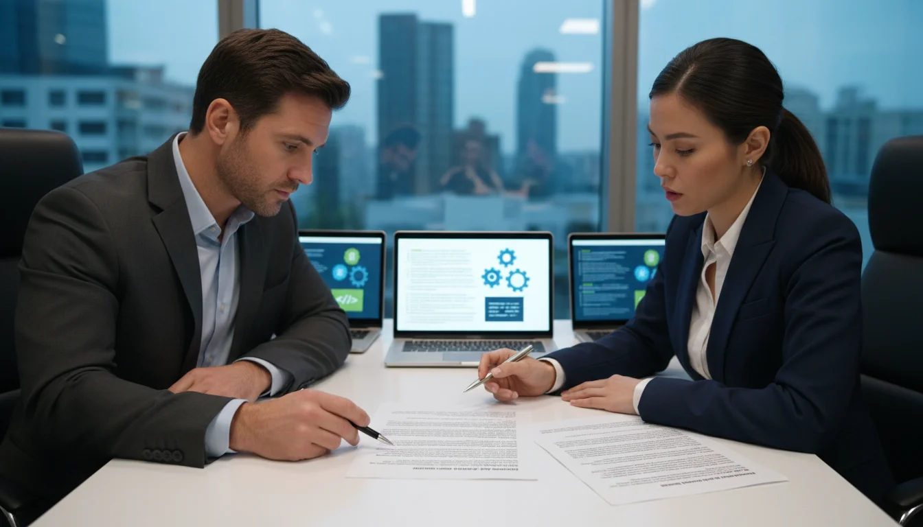 Business professionals reviewing software license contract