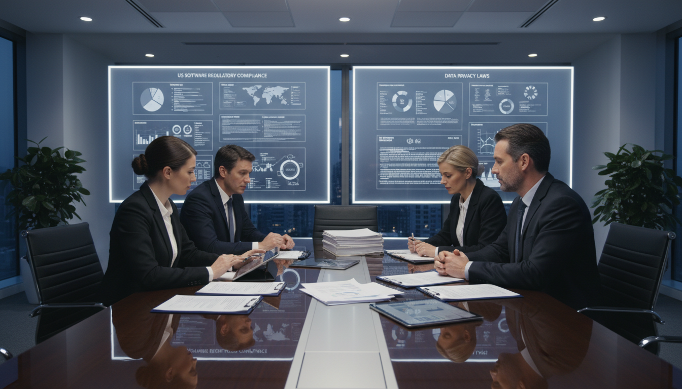 Corporate team discussing software licensing terms