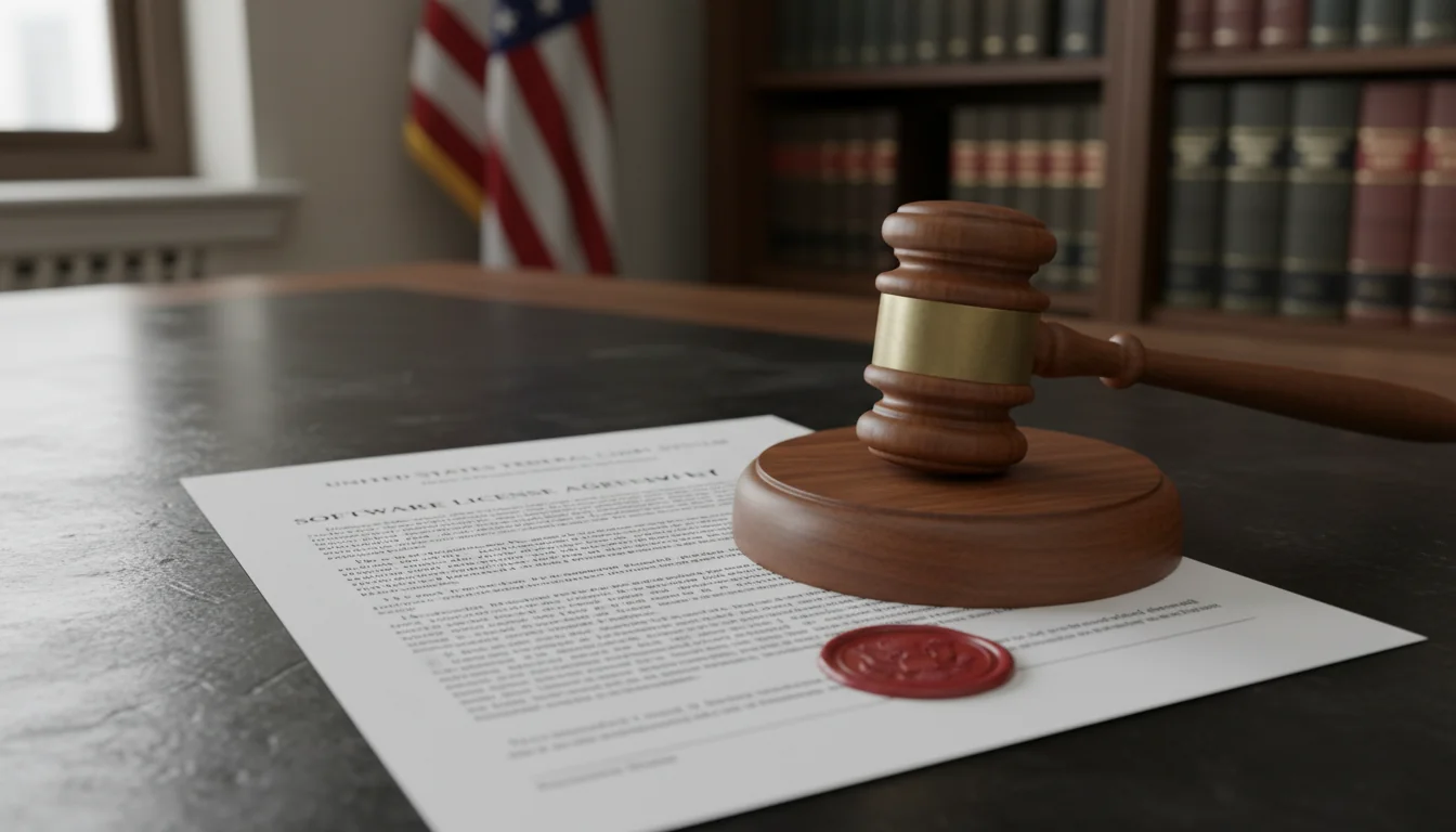 Gavel and software license document in courtroom