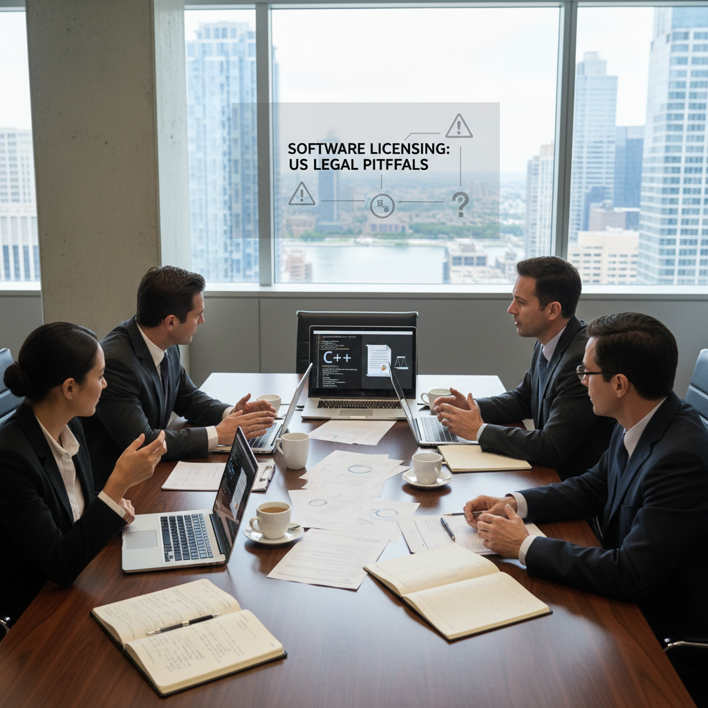 A photorealistic image of a professional business meeting in a modern US office, where a diverse group of adult software developers and legal advisors are discussing software licensing agreements around a conference table with laptops and documents, symbolizing the importance of avoiding legal pitfalls in software licensing for businesses, no children present.