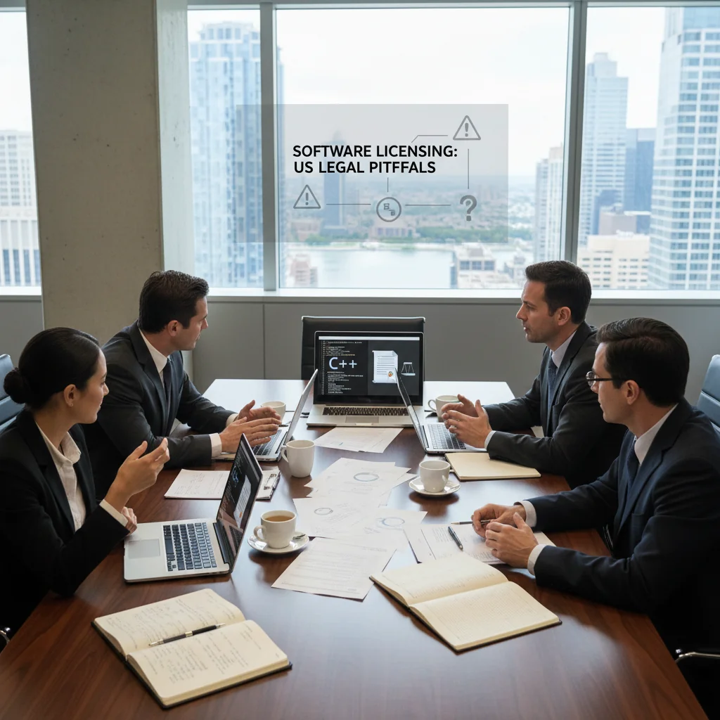 A photorealistic image of a professional business meeting in a modern US office, where a diverse group of adult software developers and legal advisors are discussing software licensing agreements around a conference table with laptops and documents, symbolizing the importance of avoiding legal pitfalls in software licensing for businesses, no children present.