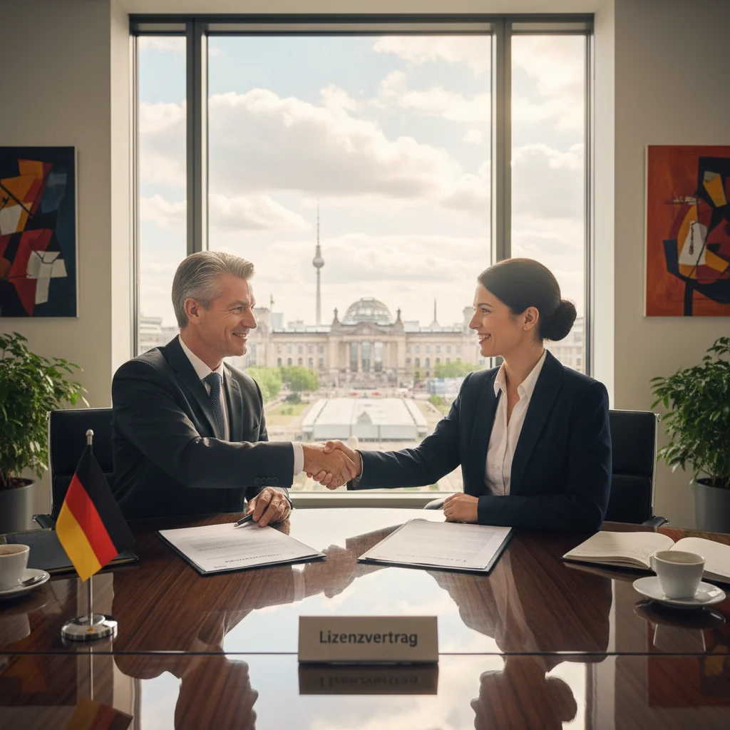 A photorealistic image of a professional business meeting in a modern German office, where two adults are shaking hands over a conference table, symbolizing the agreement and partnership represented by a license contract, with subtle German elements like a flag or Berlin skyline in the background, no children present.
