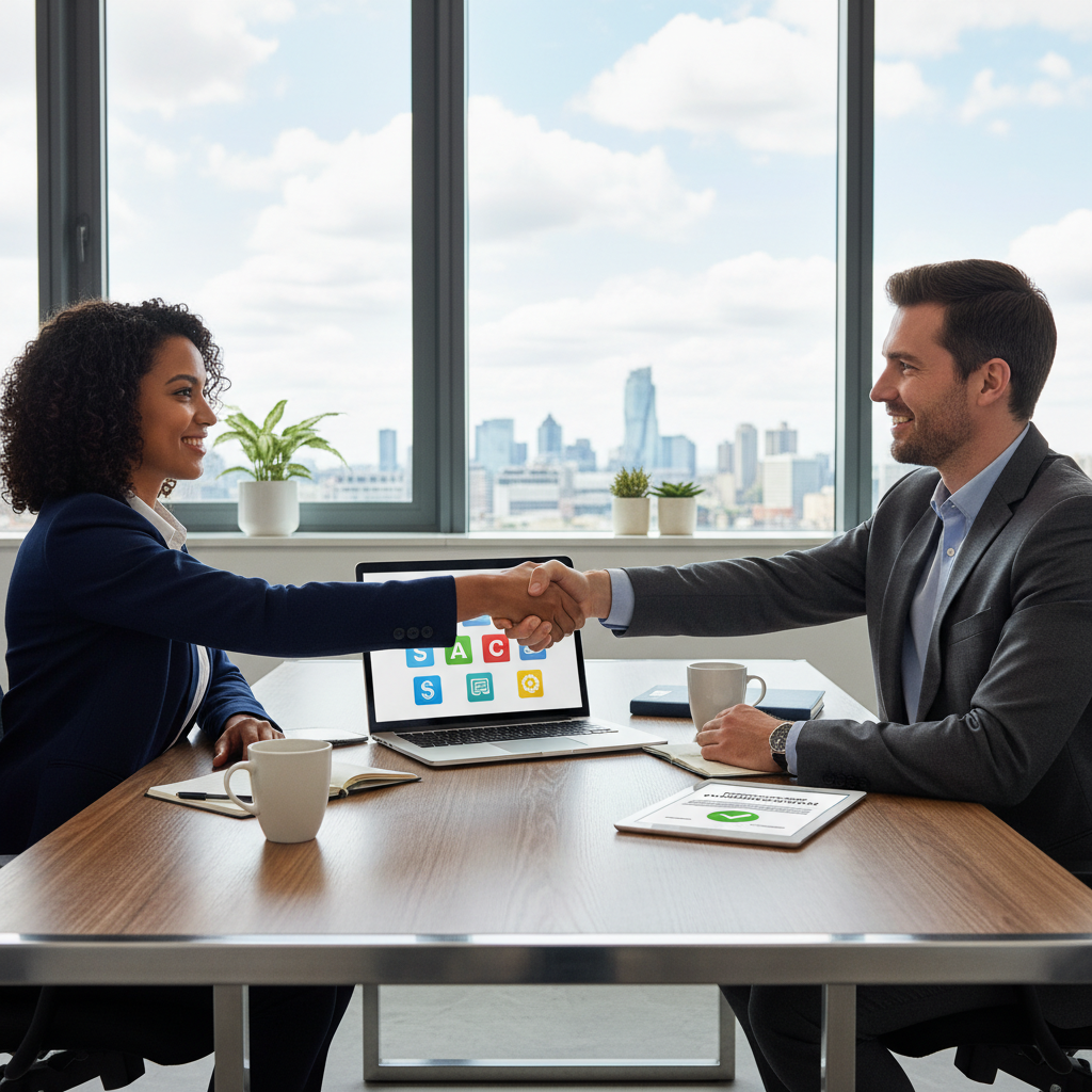 A professional business meeting in a modern UK office, with adults shaking hands over a laptop, symbolizing software licensing agreements and partnerships, photorealistic style, no children present.
