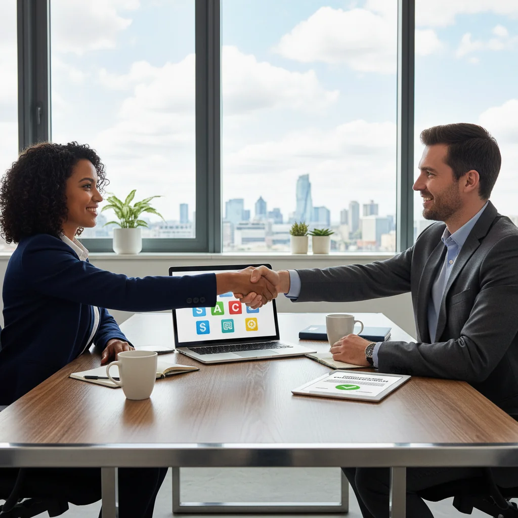 A professional business meeting in a modern UK office, with adults shaking hands over a laptop, symbolizing software licensing agreements and partnerships, photorealistic style, no children present.