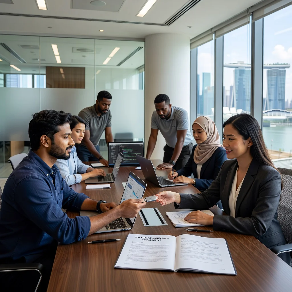 A photorealistic image of a professional software developer in a modern Singapore office, sitting at a desk with a computer displaying code, shaking hands with a colleague across a table, symbolizing a software license agreement in a business context. The scene includes subtle Singapore elements like a city skyline view from the window, conveying trust and partnership in technology licensing.