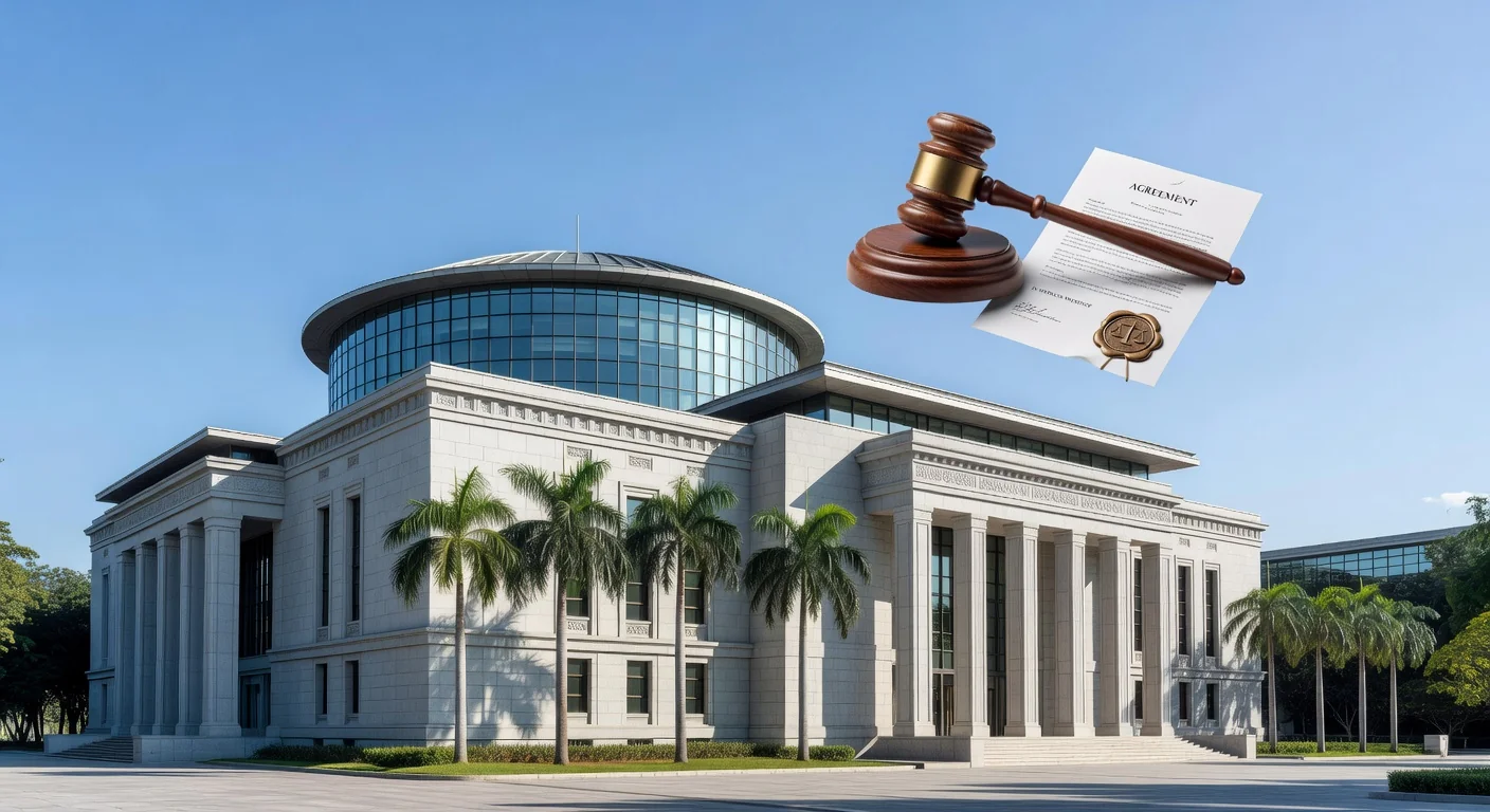 Singapore courthouse exterior with legal symbols.
