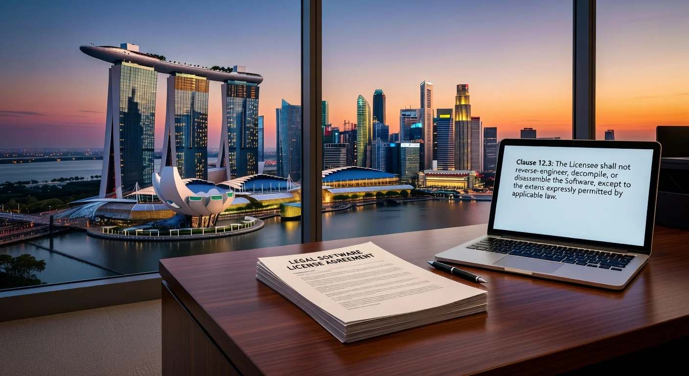 Singapore skyline with contract documents.