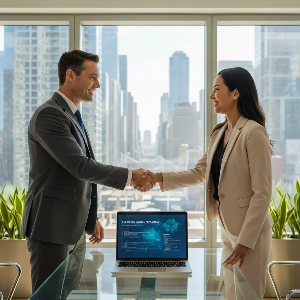 A photorealistic image of two adult professionals in a modern office setting, shaking hands over a laptop displaying software code, symbolizing a software license agreement. The atmosphere is professional and collaborative, with no children present.