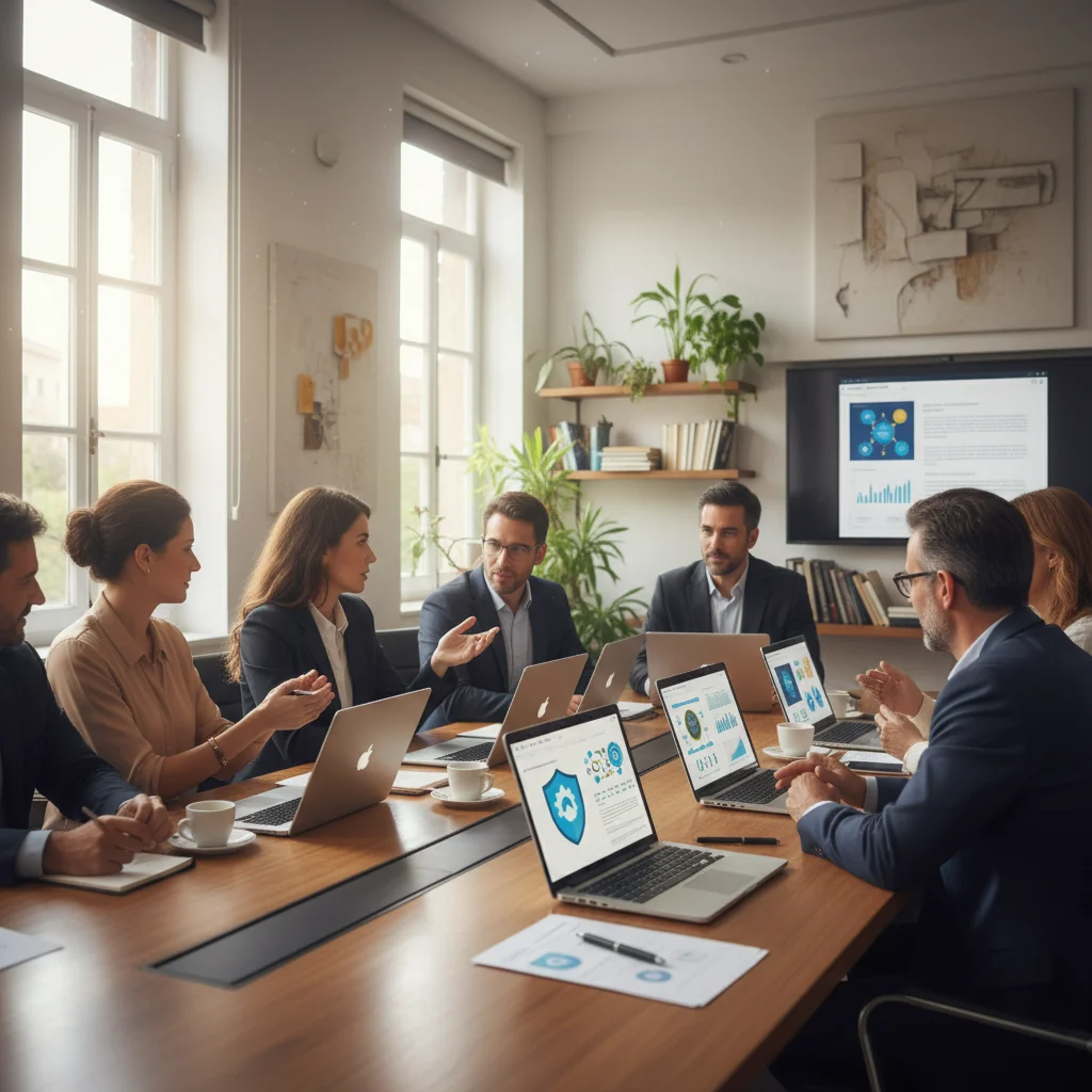 A professional scene in a modern Spanish office, showing a diverse group of adult business professionals in a meeting, discussing software licensing agreements on laptops, with subtle Spanish elements like a flag or architecture in the background, conveying trust and legal compliance in technology deals.
