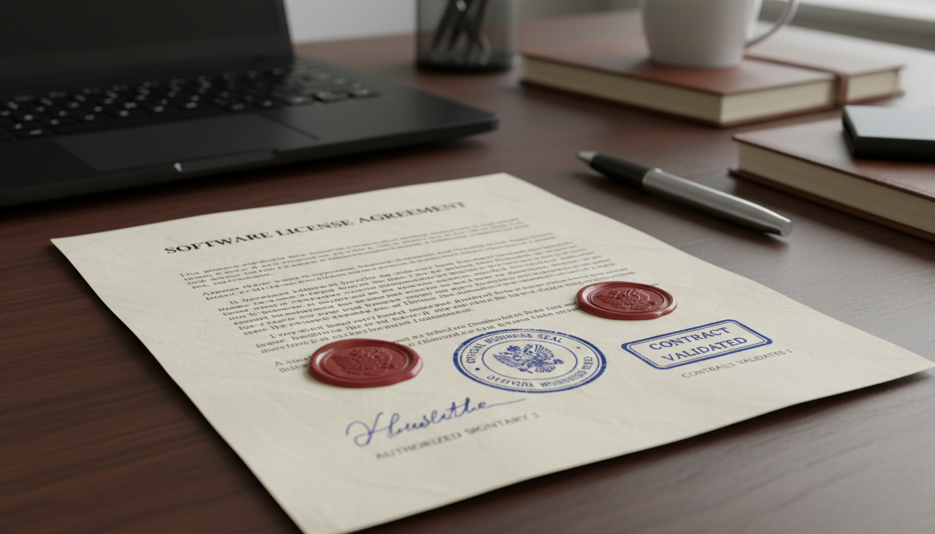 Close-up of signed software licensing agreement