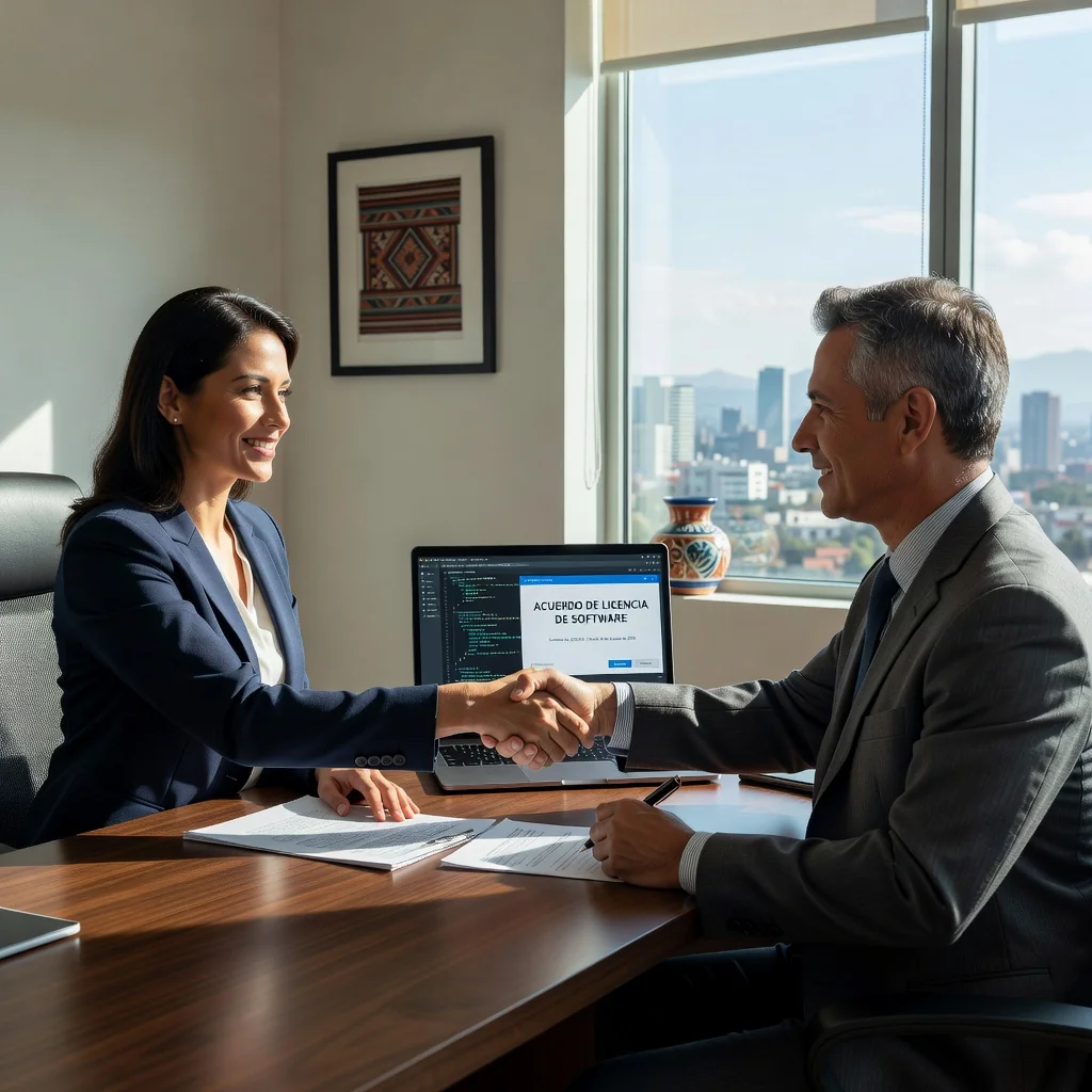 A professional business meeting in a modern Mexican office, where two adults are shaking hands over a laptop displaying software code, symbolizing a software licensing agreement, with Mexican cultural elements like a flag or cityscape in the background, photorealistic style.