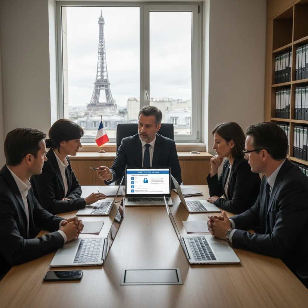 A professional scene in a modern French office where a business professional is reviewing a software license agreement on a computer screen, surrounded by colleagues discussing terms, evoking themes of legal software usage compliance in France, photorealistic style, no children present.