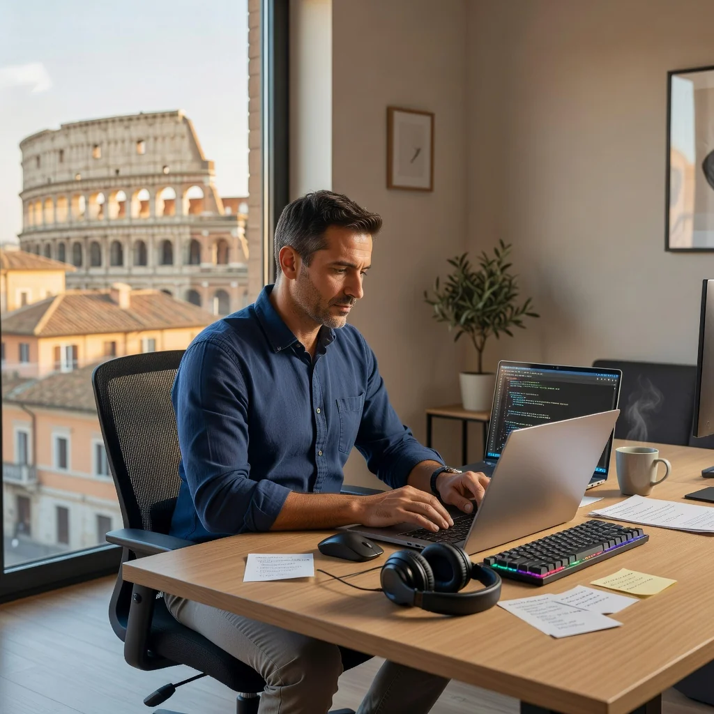 A photorealistic image of a professional software developer in a modern Italian office, sitting at a desk with a computer screen displaying code, symbolizing the licensing and use of software under Italian legal agreements. The atmosphere is collaborative and innovative, with subtle Italian elements like a window view of Rome landmarks in the background. No children are present in the image.