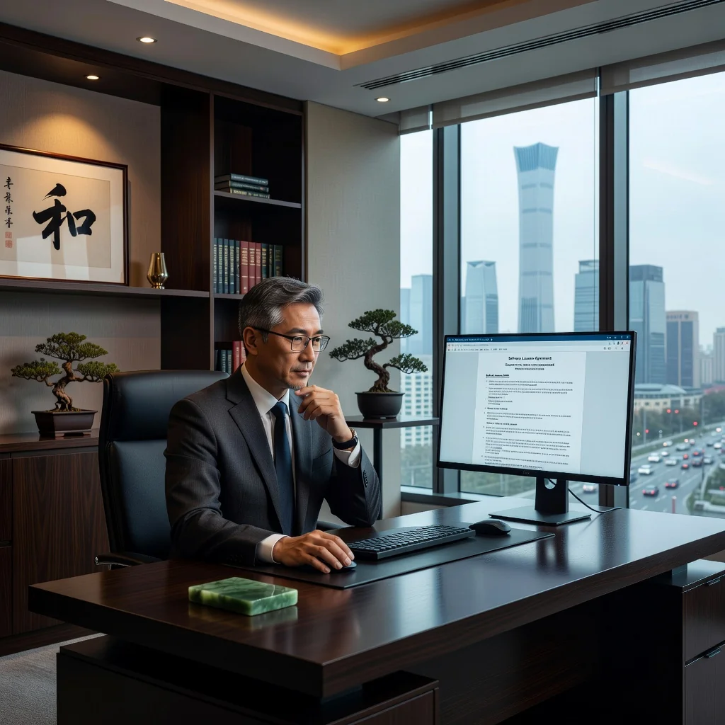 A photorealistic image of a professional Chinese businessperson in a modern office setting in China, reviewing a software license agreement on a computer screen, symbolizing the importance of legal protections in software usage, with no children present.